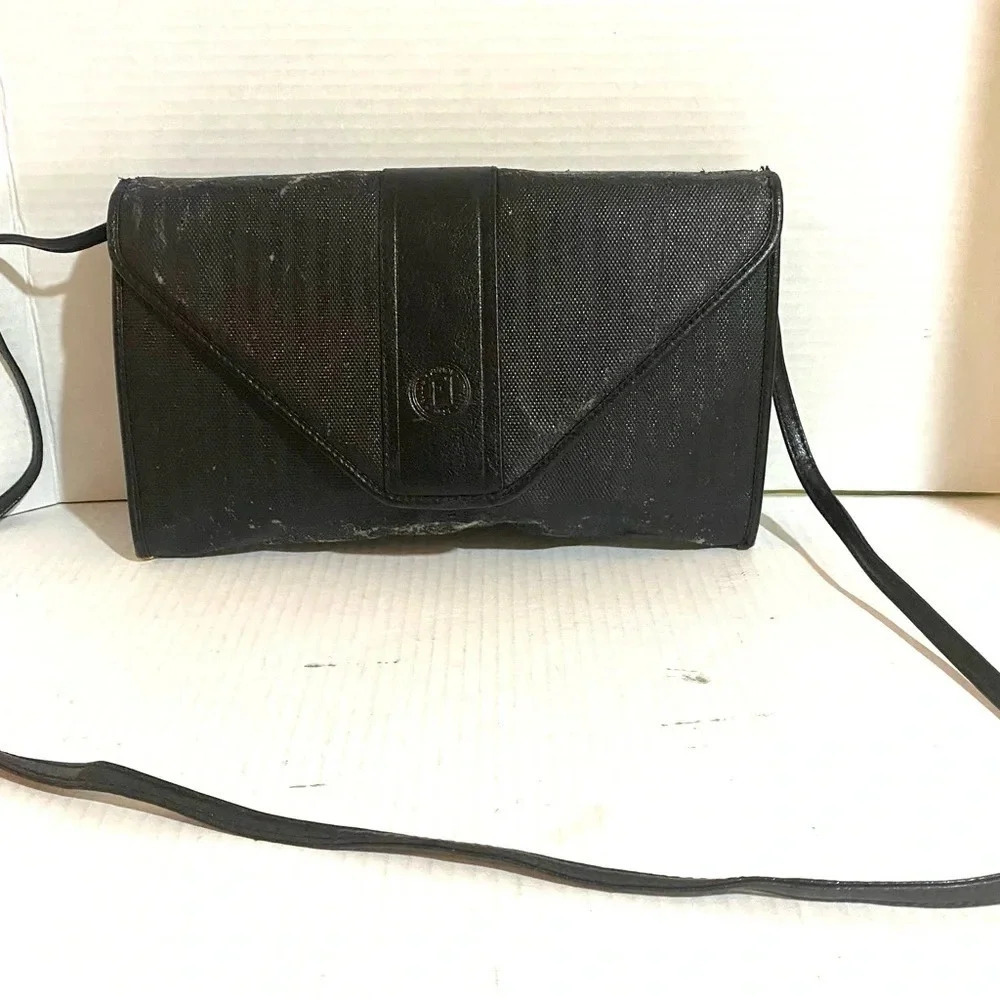 Fendi coated canvas black envelope strip crossbody handbag
